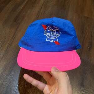 Vintage Designer Pro Pabst Blue Ribbon Nylon Snapback Hat Neon Pink Blue